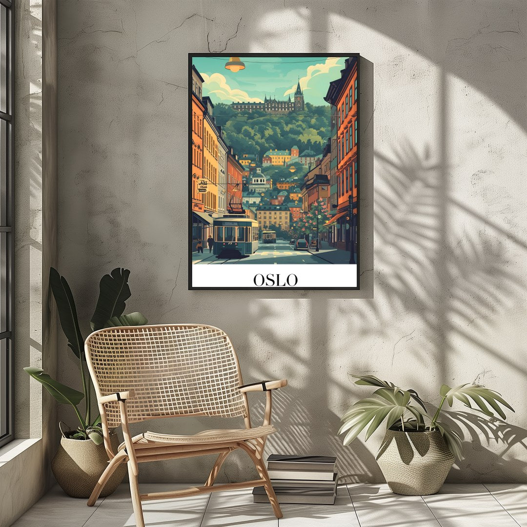 Capture the essence of Oslo with this vibrant street scene, featuring a quaint tram navigating for Sitting Area