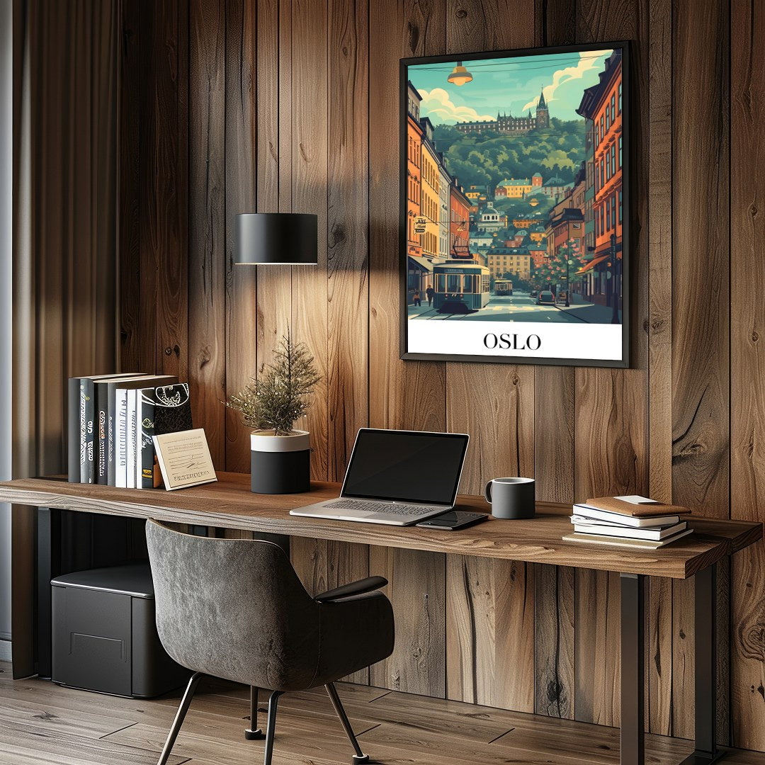 Capture the essence of Oslo with this vibrant street scene, featuring a quaint tram navigating for Study and Office