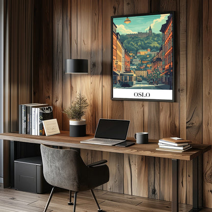 Capture the essence of Oslo with this vibrant street scene, featuring a quaint tram navigating for Study and Office
