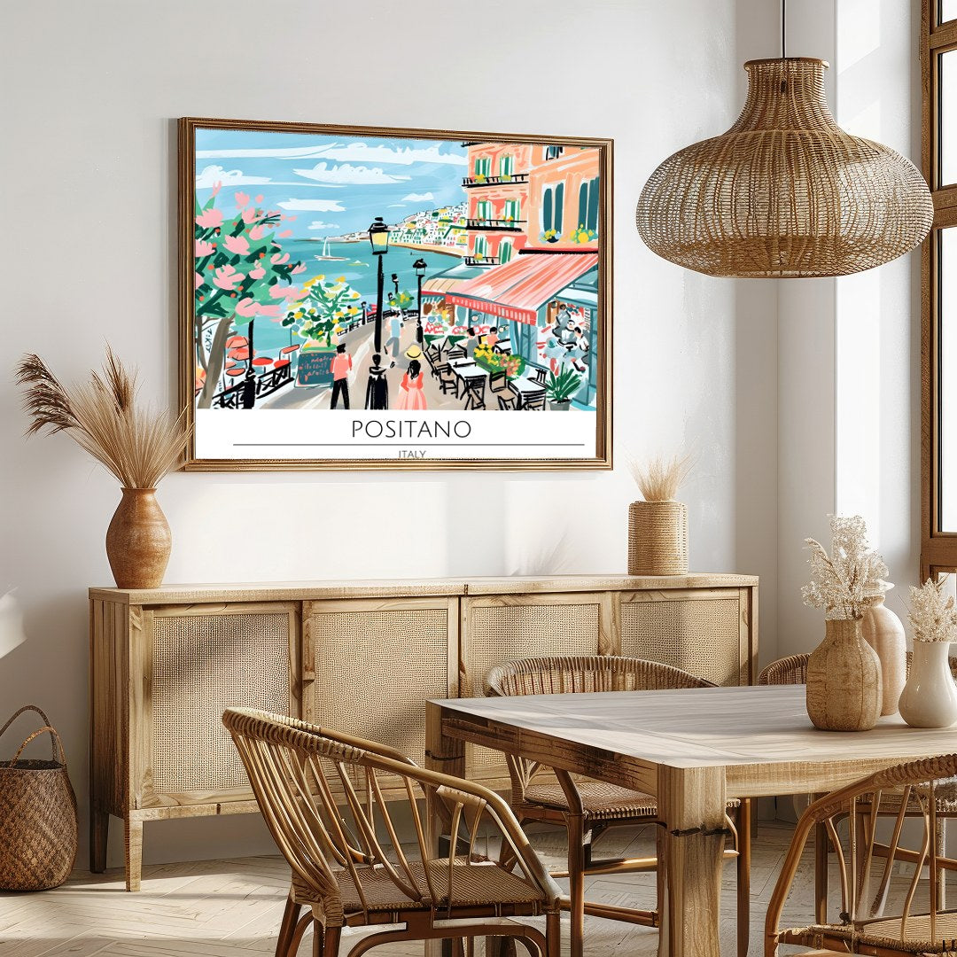 Capture the vibrant essence of Positano with this lively wall art depicting a quaint seaside scene. for Dining