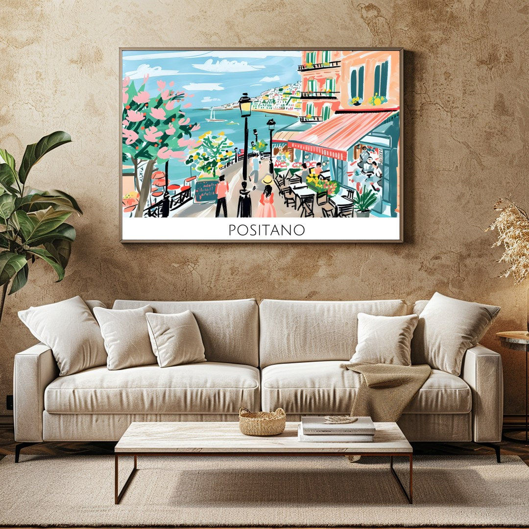 Capture the vibrant essence of Positano with this lively wall art depicting a quaint seaside scene. for Family Room
