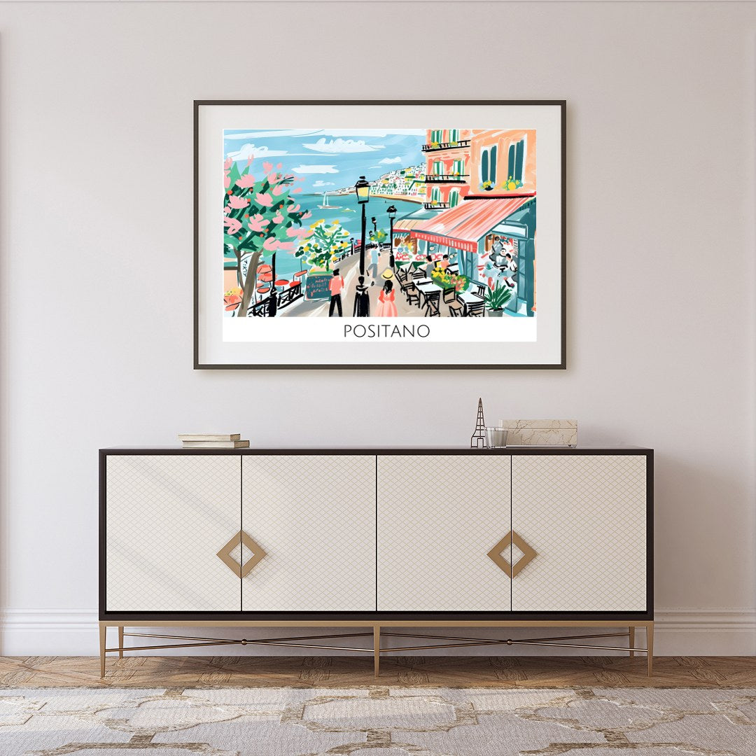Capture the vibrant essence of Positano with this lively wall art depicting a quaint seaside scene. for Foyer
