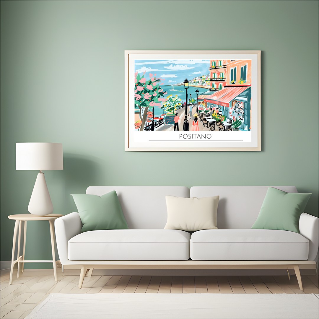 Capture the vibrant essence of Positano with this lively wall art depicting a quaint seaside scene. for Hall