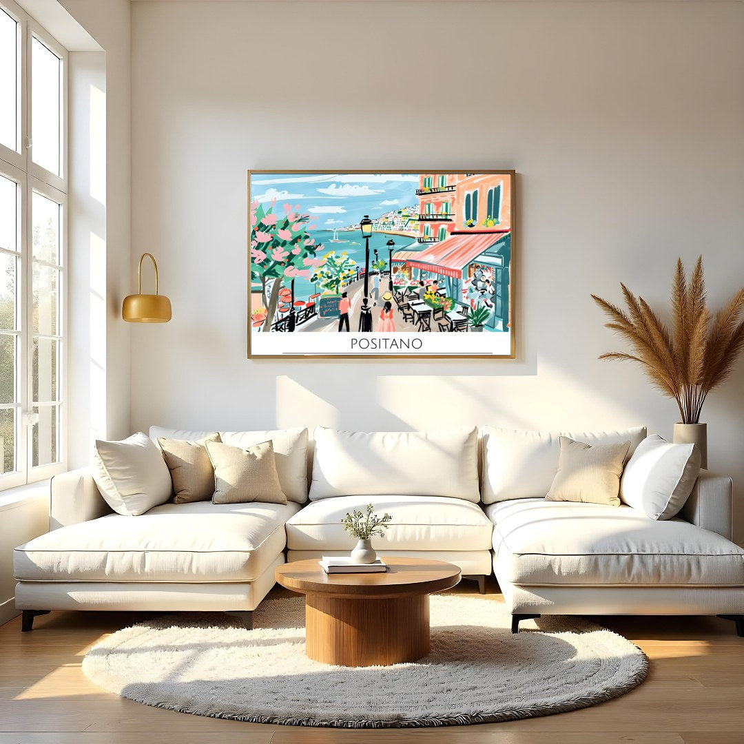 Capture the vibrant essence of Positano with this lively wall art depicting a quaint seaside scene. for Living Room