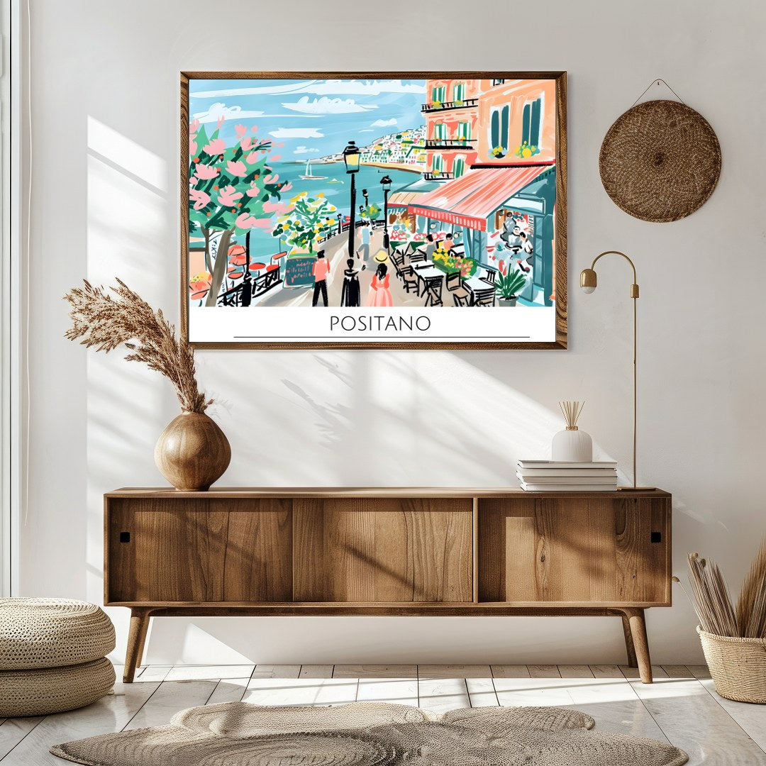 Capture the vibrant essence of Positano with this lively wall art depicting a quaint seaside scene. for Sitting Area