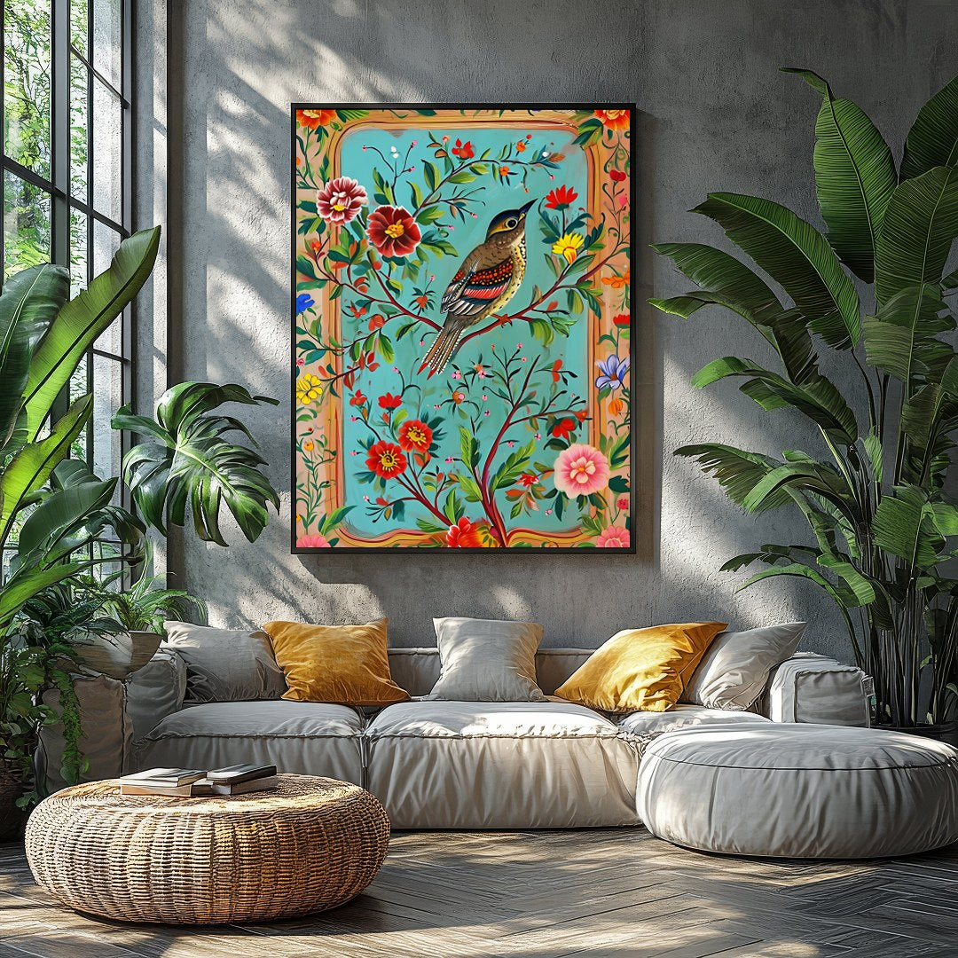 Delight in the vibrant harmony of nature with this exquisite artwork featuring a charming songbird for Balcony