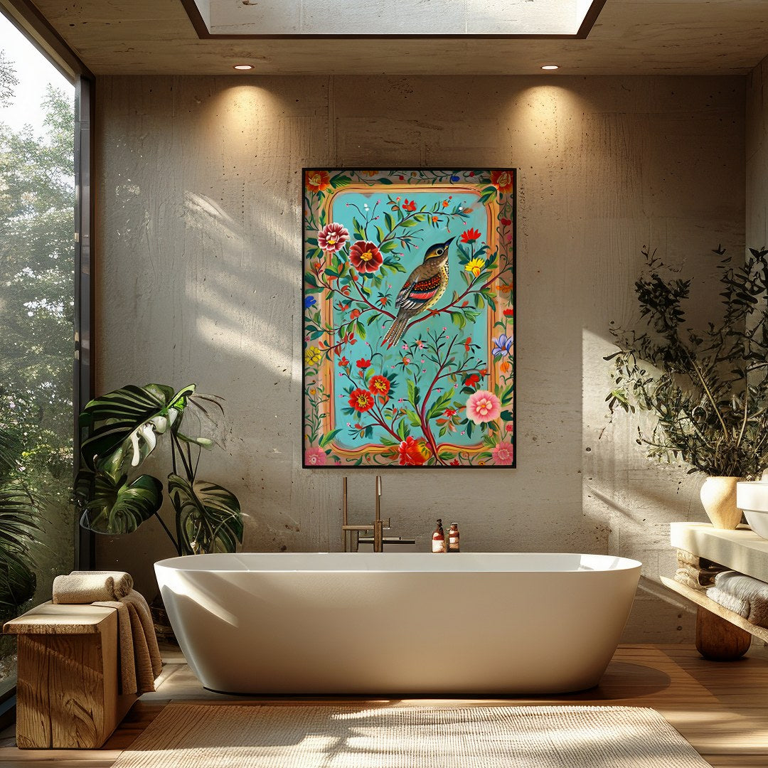 Delight in the vibrant harmony of nature with this exquisite artwork featuring a charming songbird for Bathroom
