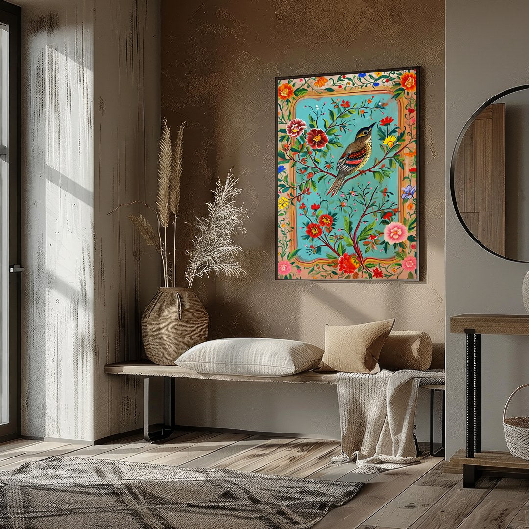 Delight in the vibrant harmony of nature with this exquisite artwork featuring a charming songbird for decor