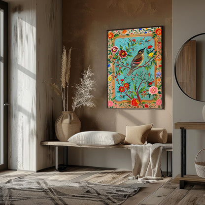 Delight in the vibrant harmony of nature with this exquisite artwork featuring a charming songbird for decor