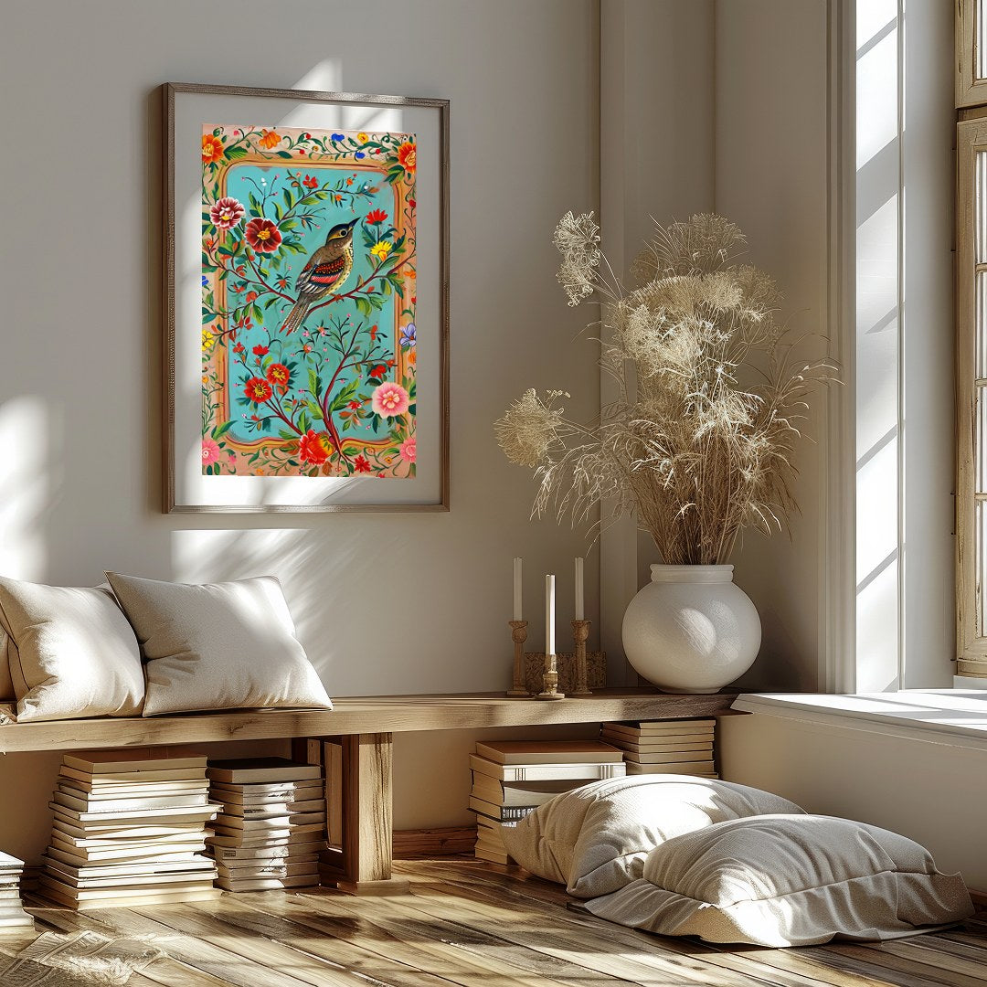 Delight in the vibrant harmony of nature with this exquisite artwork featuring a charming songbird for lovely-house