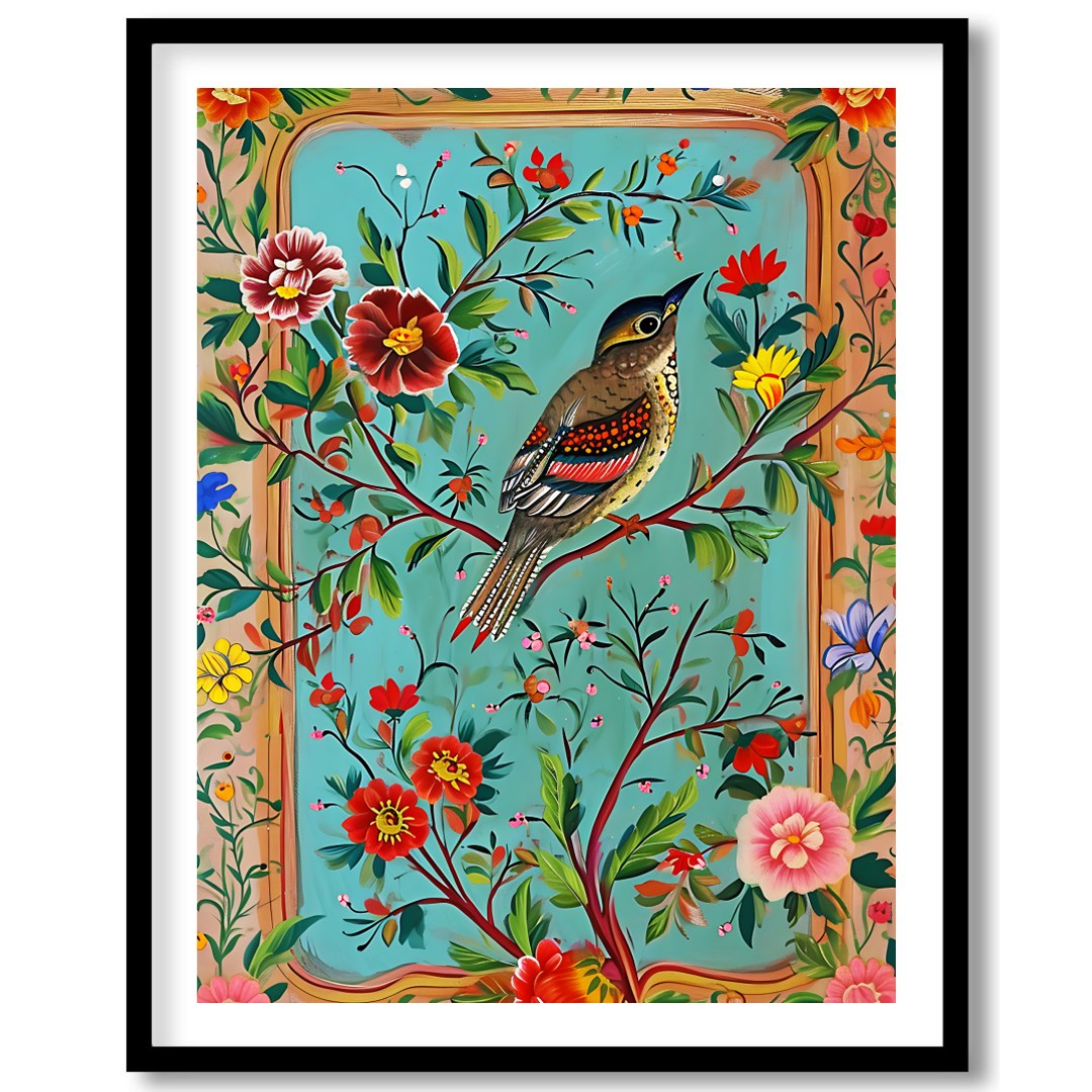 Delight in the vibrant harmony of nature with this exquisite artwork featuring a charming songbird for place