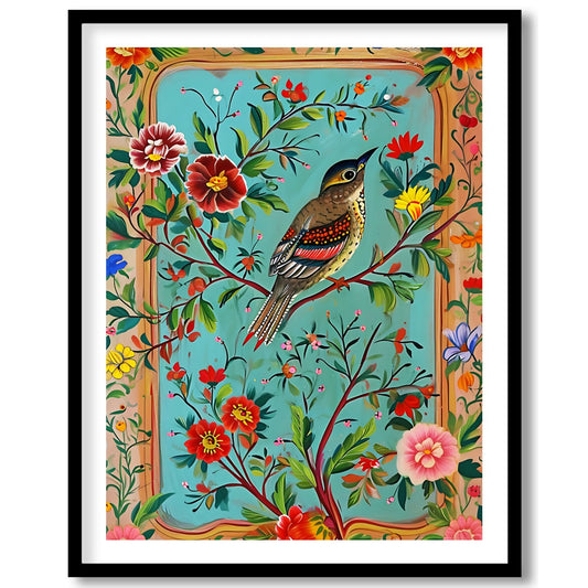Delight in the vibrant harmony of nature with this exquisite artwork featuring a charming songbird for place
