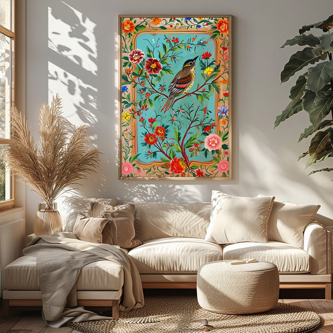 Delight in the vibrant harmony of nature with this exquisite artwork featuring a charming songbird for Sitting Area