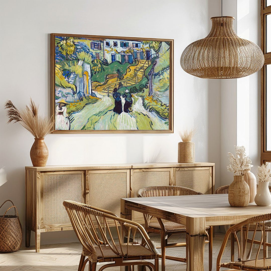 This artwork beautifully captures a vibrant village scene, bustling with life and movement. The for Dining