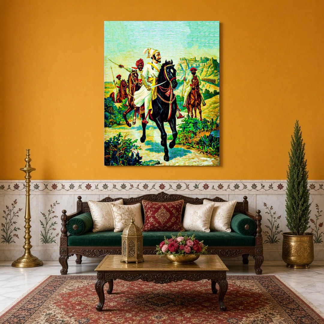 Celebrate the legacy of Chattrapati Shivaji Maharaj with this evocative artwork capturing his for Sitting Area