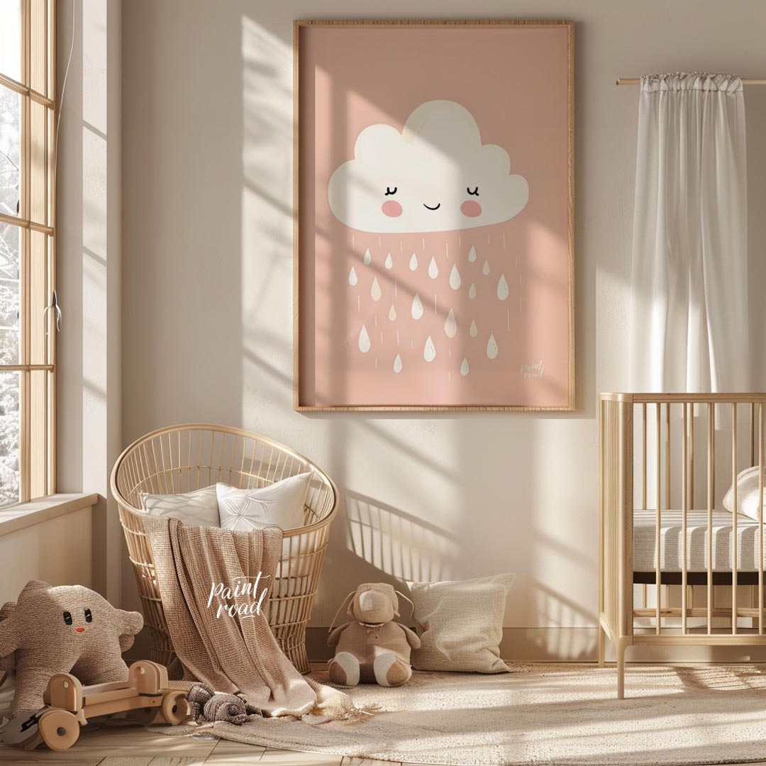 A sweet and simple illustration features a friendly, white cloud character with rosy cheeks and a g… for nursery