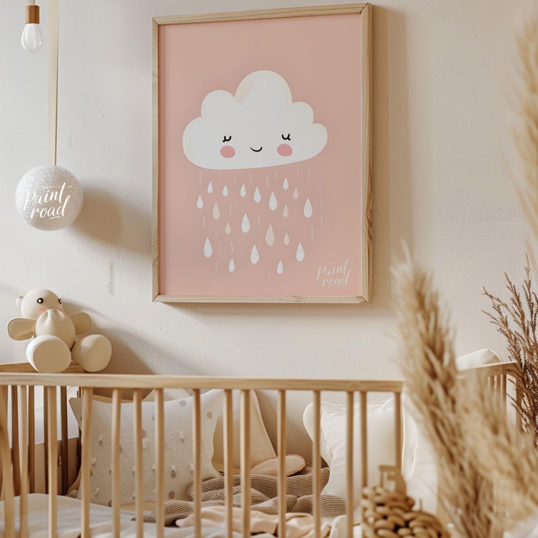 A sweet and simple illustration features a friendly, white cloud character with rosy cheeks and a g… for nursery