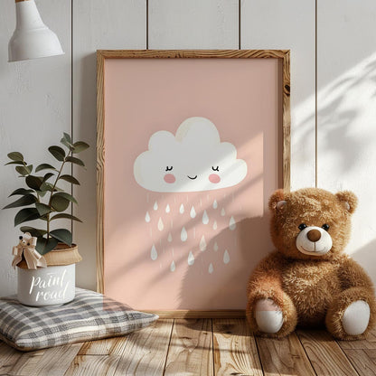A sweet and simple illustration features a friendly, white cloud character with rosy cheeks and a g… for nursery