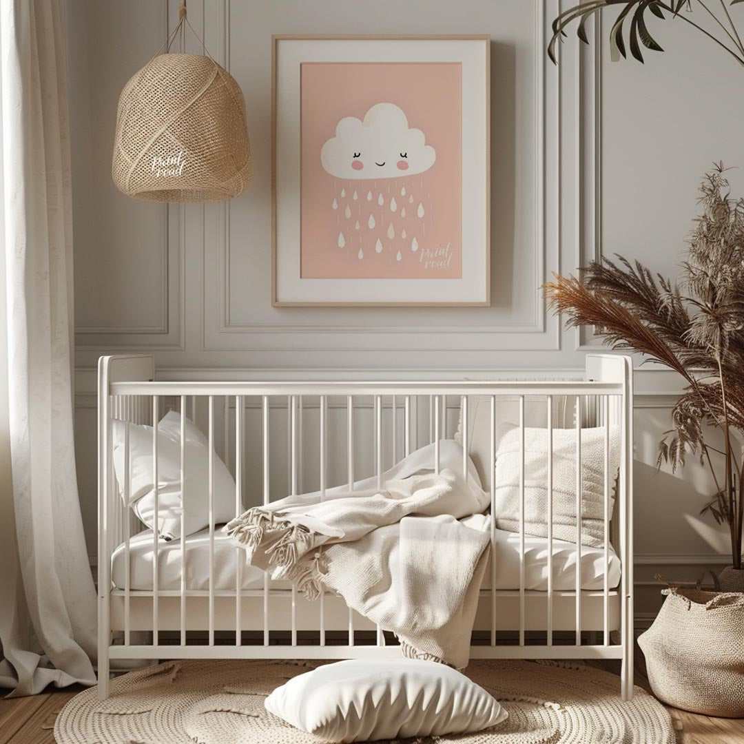 A sweet and simple illustration features a friendly, white cloud character with rosy cheeks and a g… for nursery