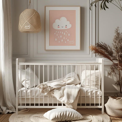 A sweet and simple illustration features a friendly, white cloud character with rosy cheeks and a g… for nursery