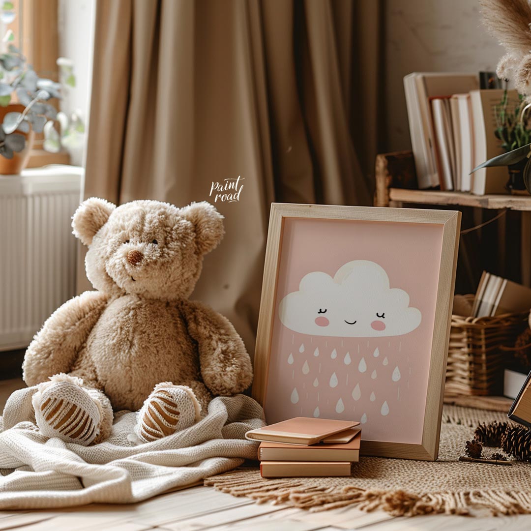 A sweet and simple illustration features a friendly, white cloud character with rosy cheeks and a g… for nursery