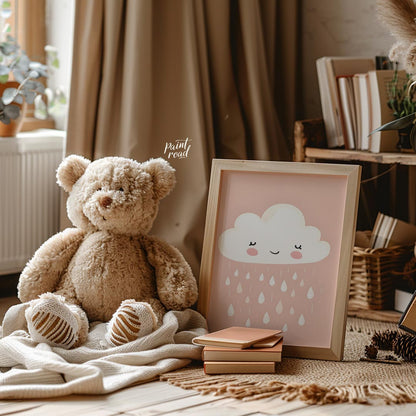 A sweet and simple illustration features a friendly, white cloud character with rosy cheeks and a g… for nursery