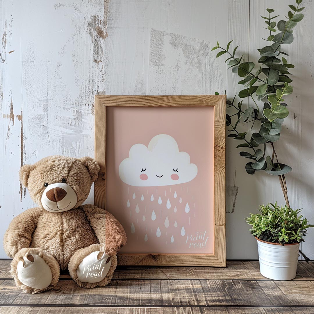 A sweet and simple illustration features a friendly, white cloud character with rosy cheeks and a g… for nursery