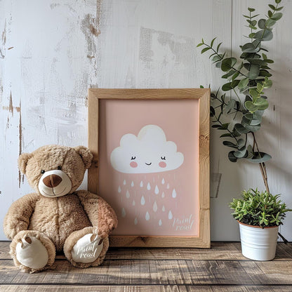 A sweet and simple illustration features a friendly, white cloud character with rosy cheeks and a g… for nursery
