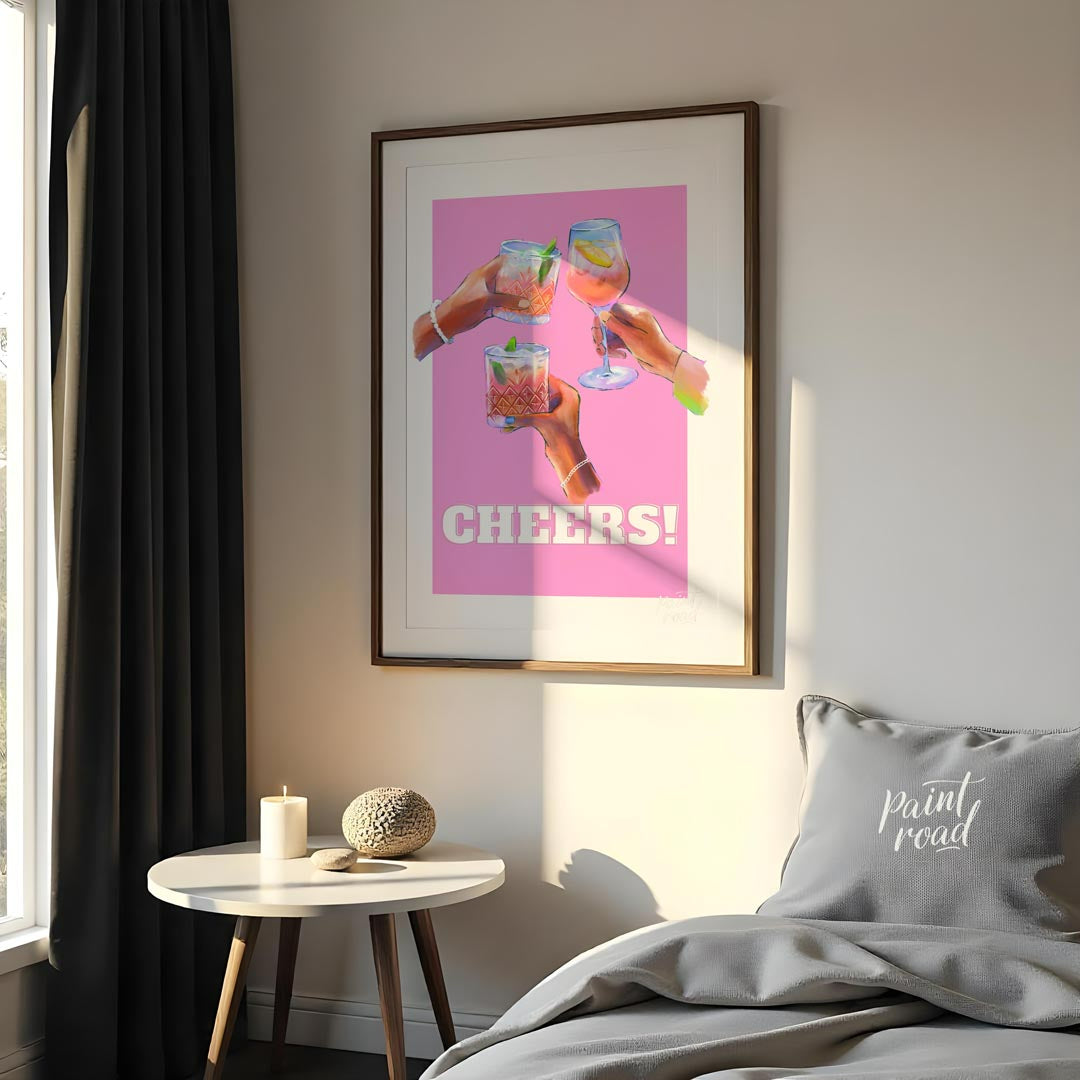This vibrant and celebratory art print, titled “Cheers!”, captures the joyous spirit of clinking gl… for bedroom