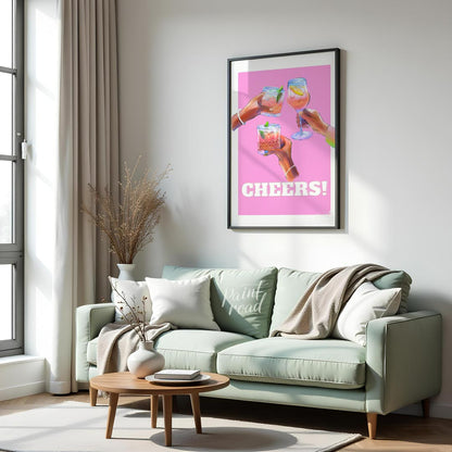 This vibrant and celebratory art print, titled “Cheers!”, captures the joyous spirit of clinking gl… for living room