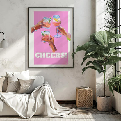 This vibrant and celebratory art print, titled “Cheers!”, captures the joyous spirit of clinking gl… for living room