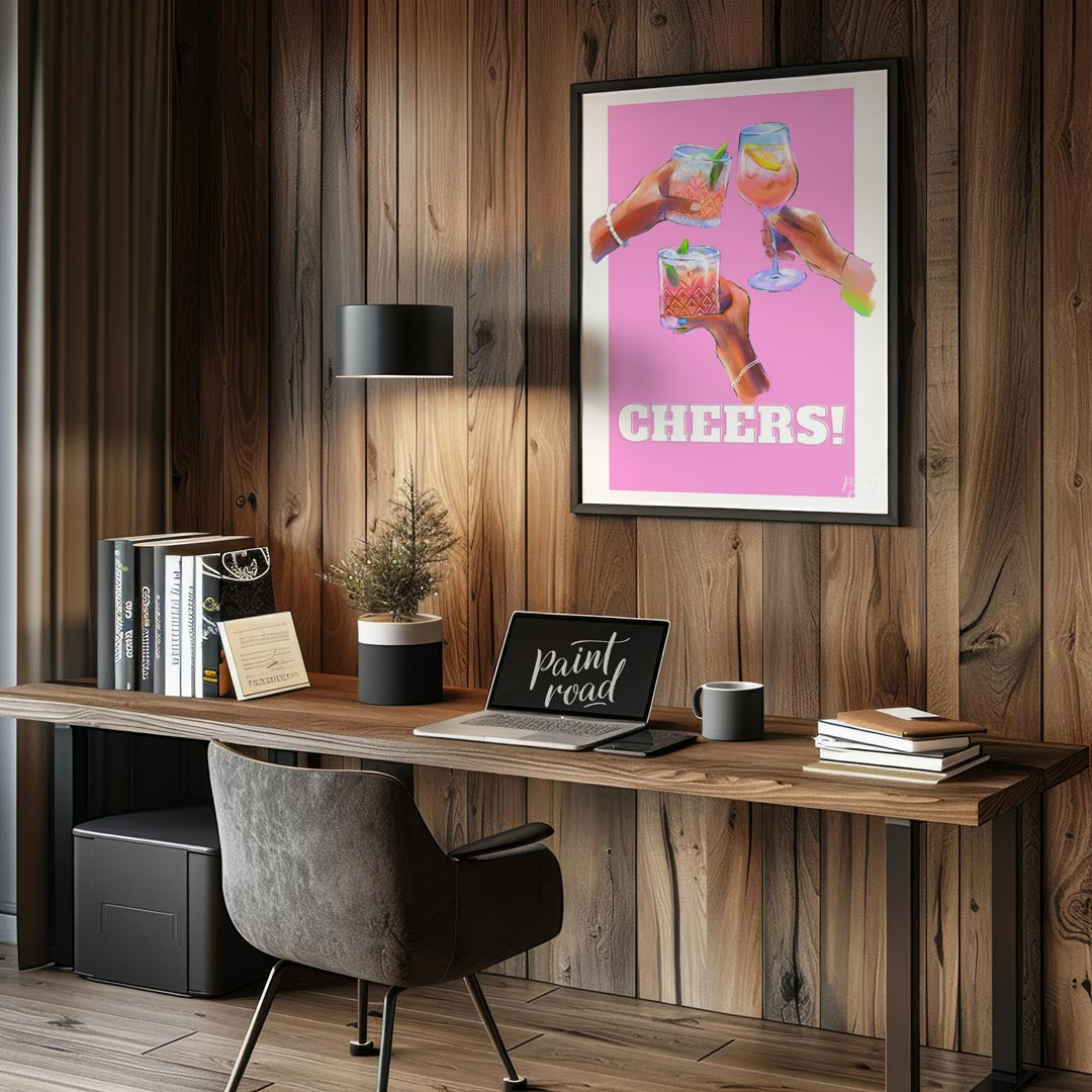 This vibrant and celebratory art print, titled “Cheers!”, captures the joyous spirit of clinking gl… for office