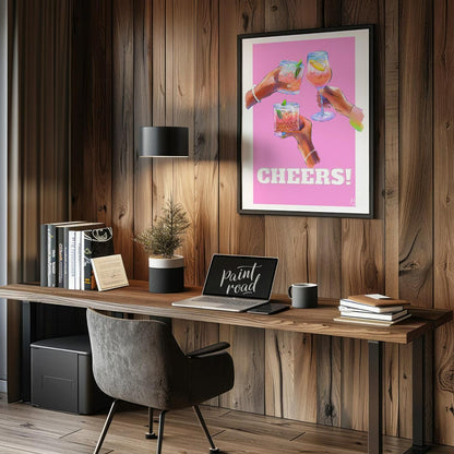 This vibrant and celebratory art print, titled “Cheers!”, captures the joyous spirit of clinking gl… for office