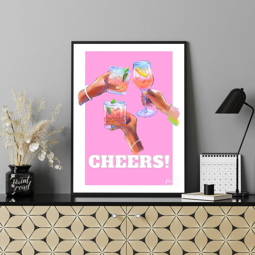 This vibrant and celebratory art print, titled “Cheers!”, captures the joyous spirit of clinking gl… for office