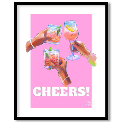 This vibrant and celebratory art print, titled “Cheers!”, captures the joyous spirit of clinking gl… for place
