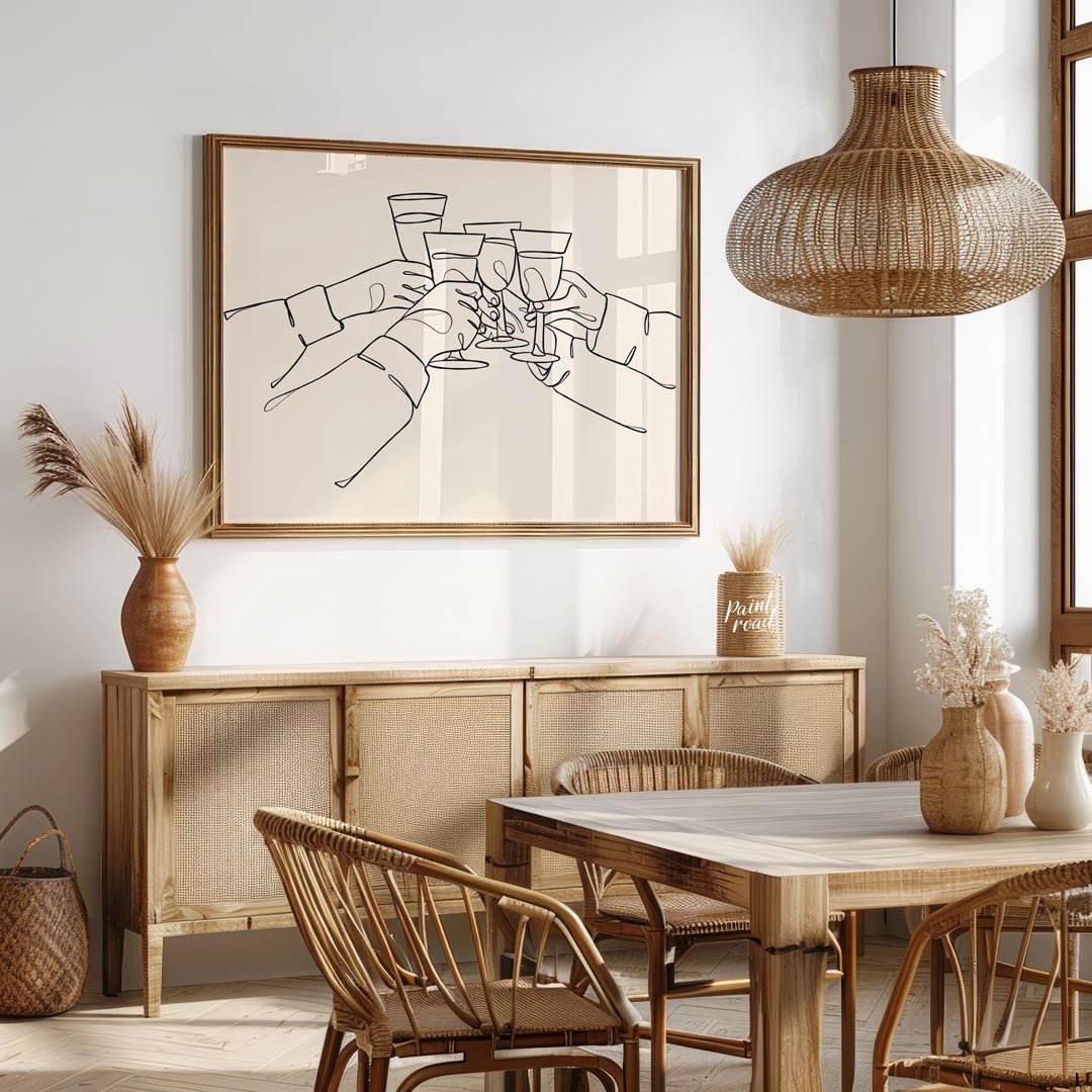 A minimalist and elegant line art illustration capturing the joy of celebration and connection. The… for dining room