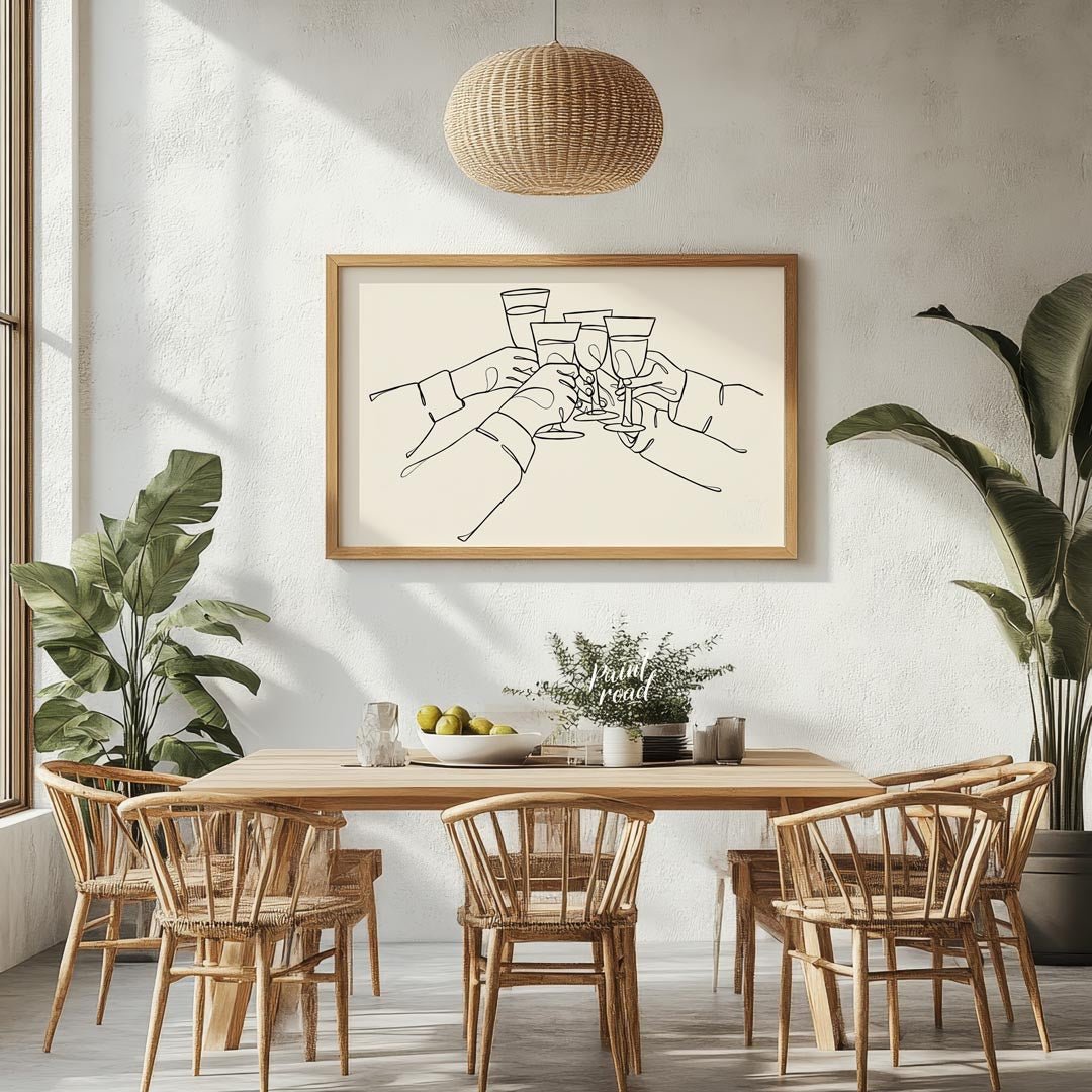 A minimalist and elegant line art illustration capturing the joy of celebration and connection. The… for dining room