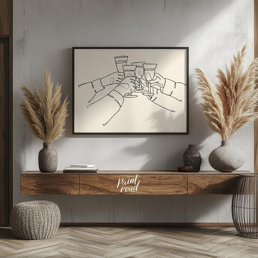 A minimalist and elegant line art illustration capturing the joy of celebration and connection. The… for entryway