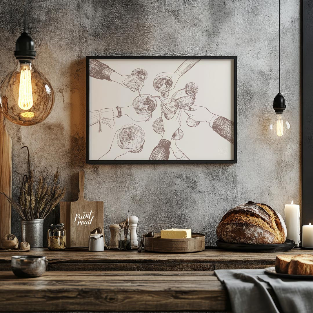 A charming hand-drawn illustration depicting a group of friends raising their glasses in a toast. T… for kitchen
