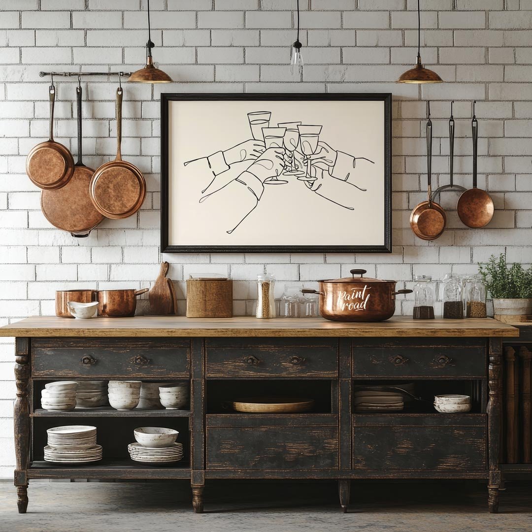 A minimalist and elegant line art illustration capturing the joy of celebration and connection. The… for kitchen