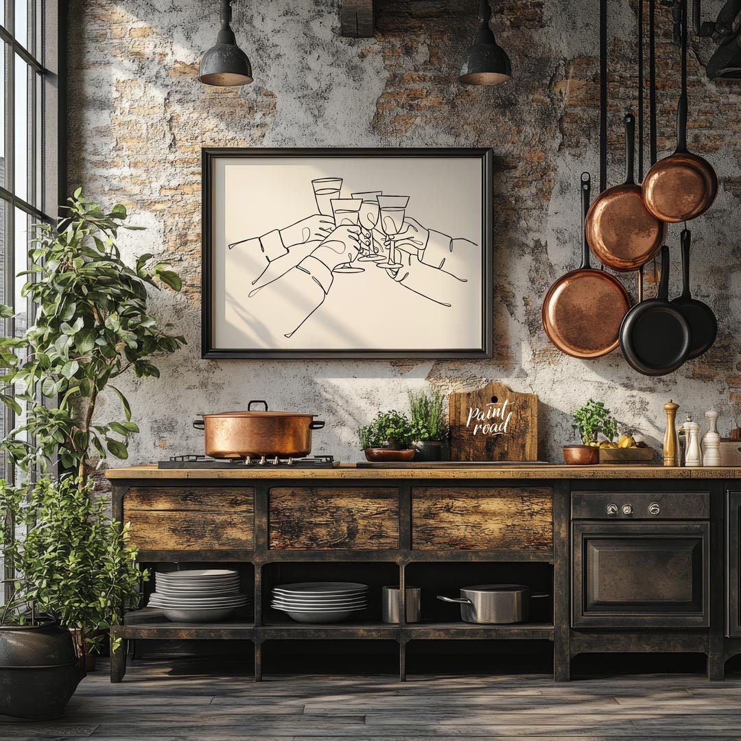 A minimalist and elegant line art illustration capturing the joy of celebration and connection. The… for kitchen