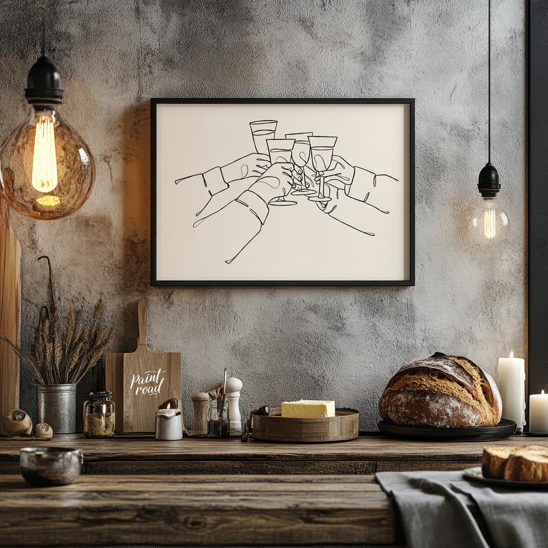 A minimalist and elegant line art illustration capturing the joy of celebration and connection. The… for kitchen