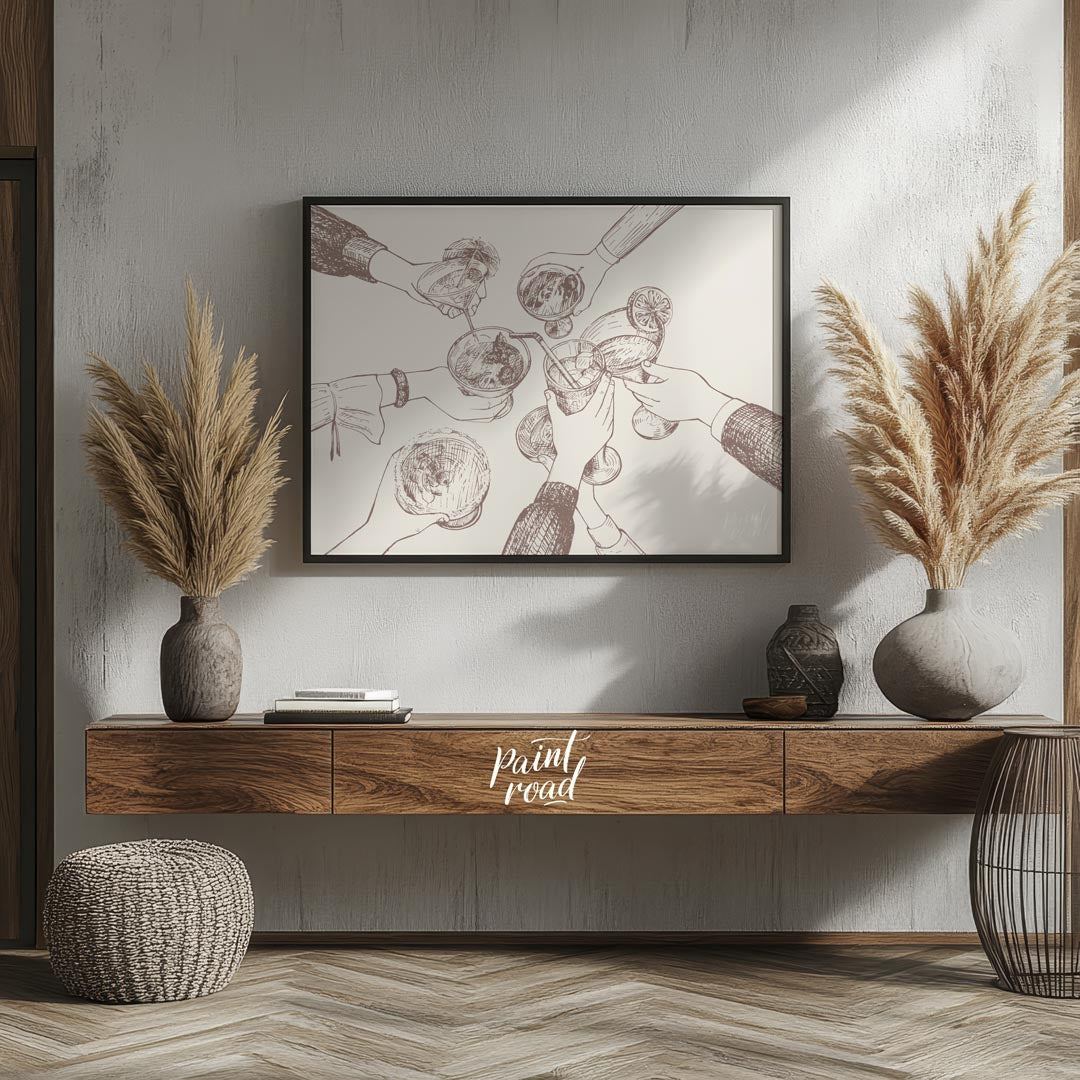 A charming hand-drawn illustration depicting a group of friends raising their glasses in a toast. T… for living room