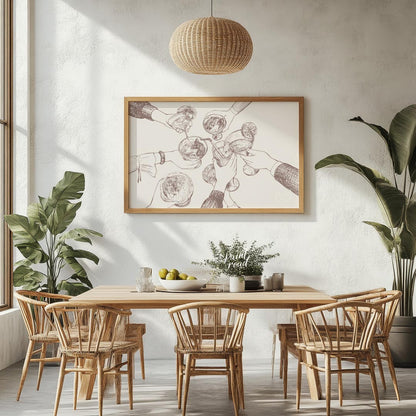 A charming hand-drawn illustration depicting a group of friends raising their glasses in a toast. T… for dining room