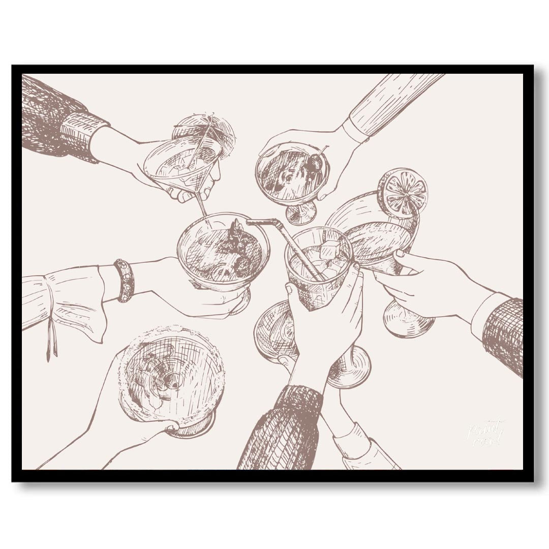 A charming hand-drawn illustration depicting a group of friends raising their glasses in a toast. T… for nook