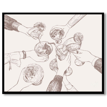 A charming hand-drawn illustration depicting a group of friends raising their glasses in a toast. T… for nook