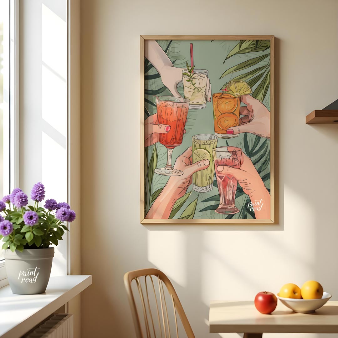 A vibrant illustration depicting a group of friends raising their glasses in a toast, celebrating t… for dining room