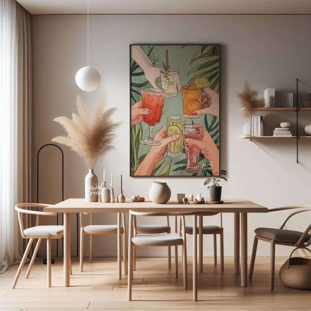 A vibrant illustration depicting a group of friends raising their glasses in a toast, celebrating t… for dining room