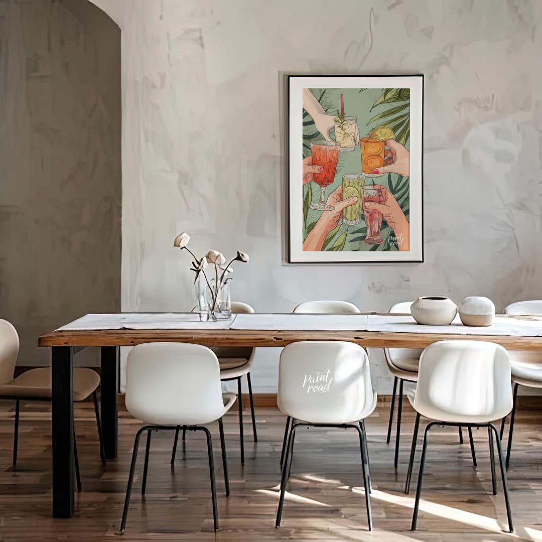 A vibrant illustration depicting a group of friends raising their glasses in a toast, celebrating t… for dining room