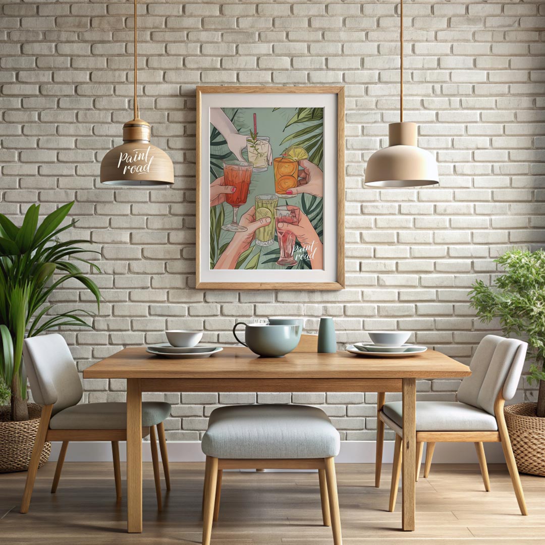 A vibrant illustration depicting a group of friends raising their glasses in a toast, celebrating t… for dining room